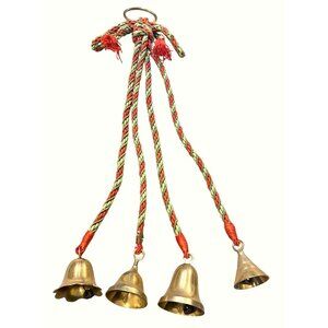 VTG Set Of 4 Solid Brass Hanging Bells w Multicolor Braided Rope Home Deco Festi